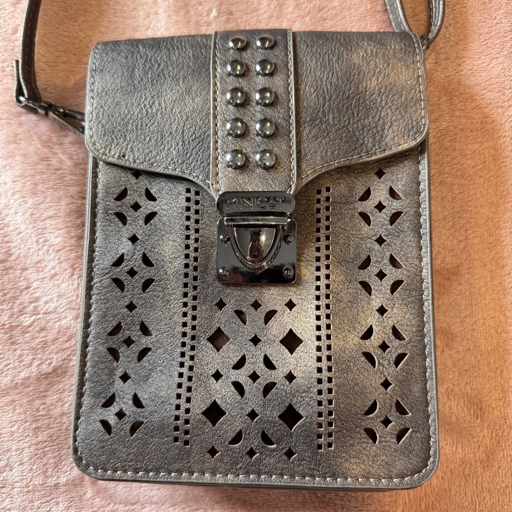 Minicat Crossbody Cell Phone Purse RFID Vegan Leather Bronze Studded Travel Bag
